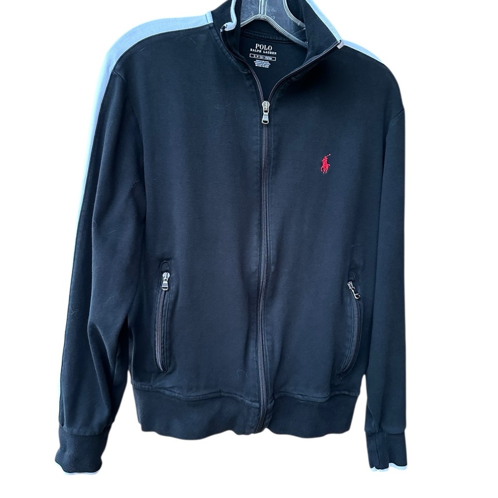 Polo Ralph Lauren Womens Small P Black White Stripe Red Pony Zip Up Track Jacket